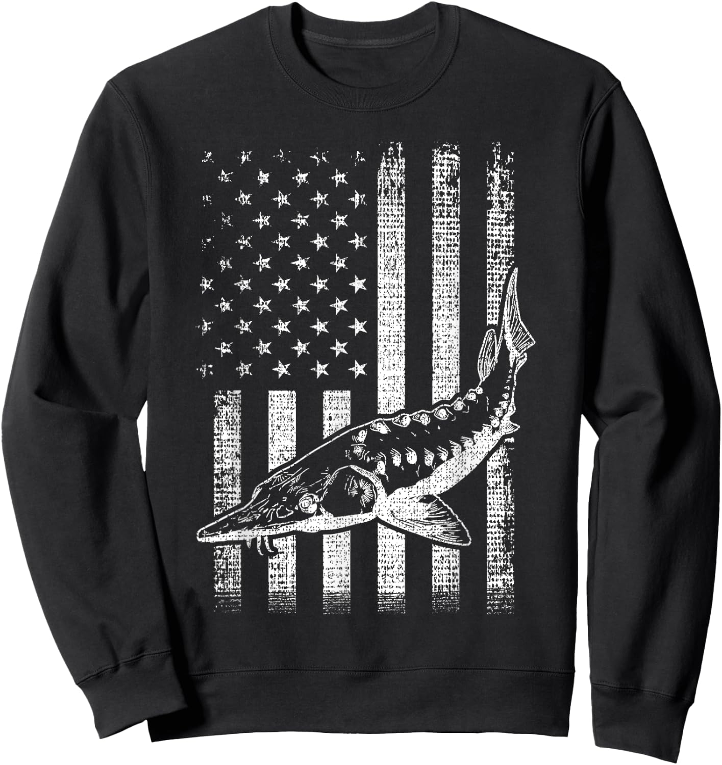 Retro vintage American Sturgeon flag distressed fisherman Sweatshirt - Sweatshirt | Black