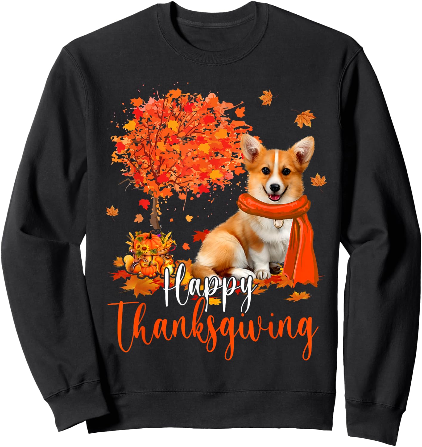 Happy Thanksgiving Corgi Dog And Autumn Tree Corgi Dog Lover Men Women Kids Sweatshirt - Sweatshirt | Black