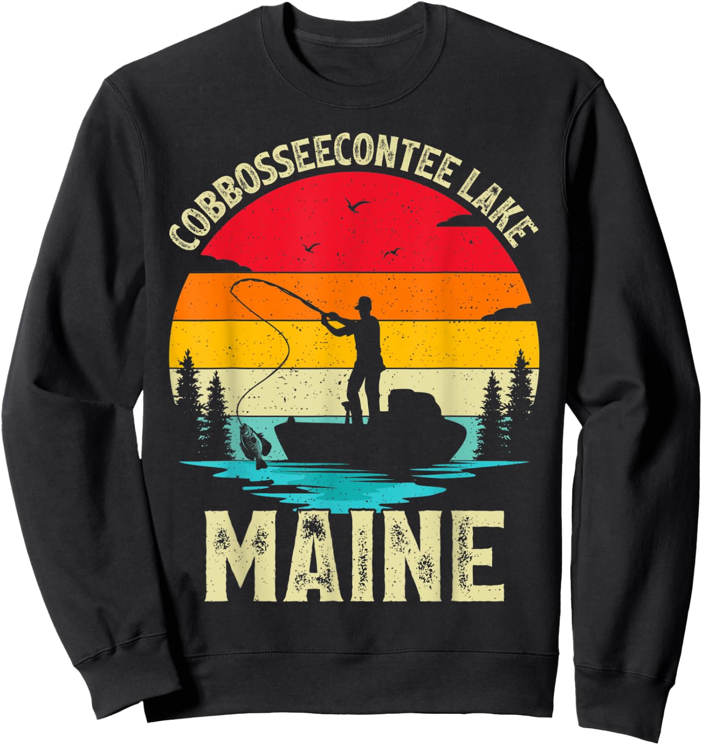 Summer Vacation Fishing Vintage Maine Cobbosseecontee Lake Men Women Kids Sweatshirt - Sweatshirt | Black