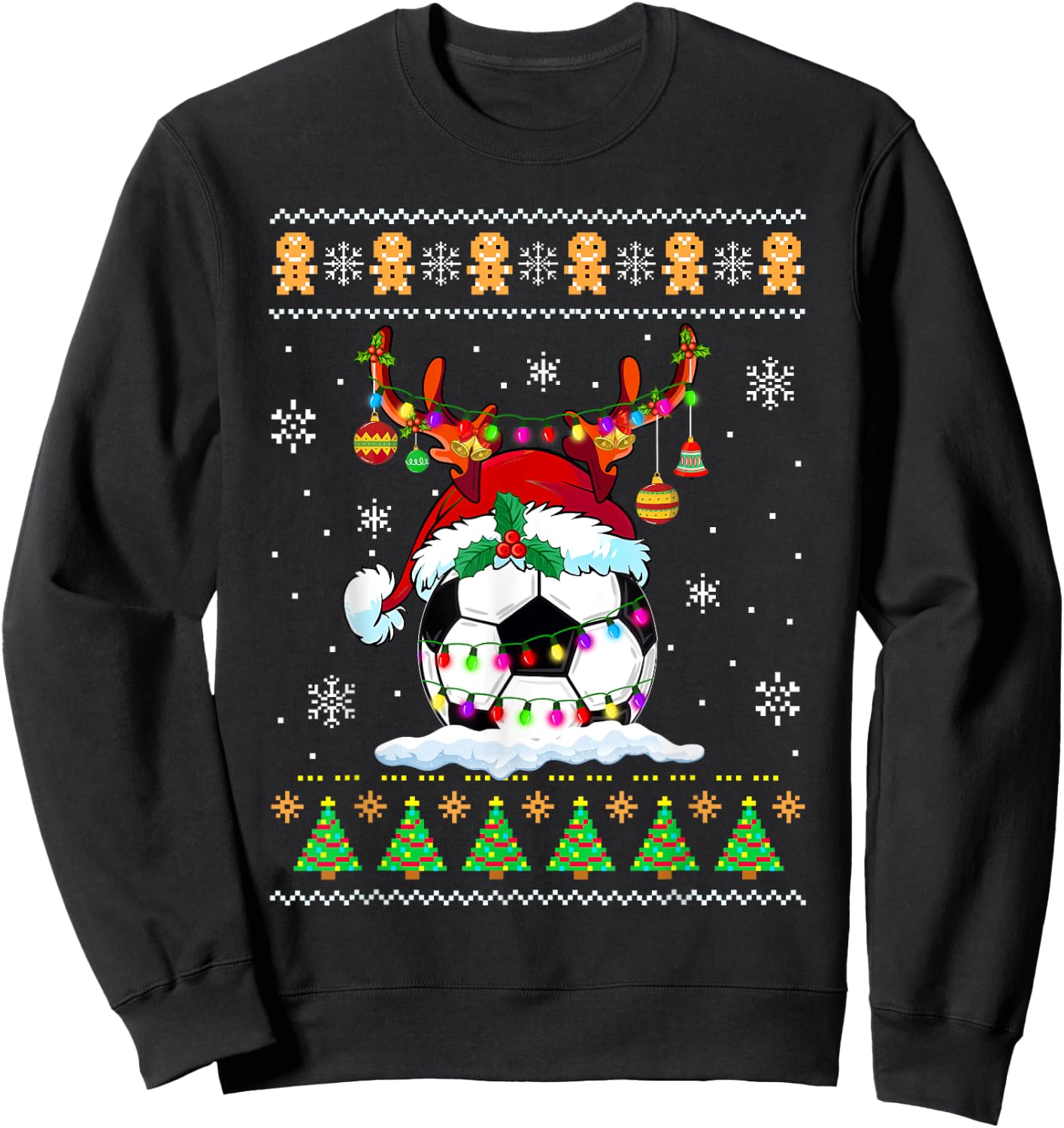 Soccer Ball Reindeer Santa Hat Ugly Sweater Xmas Lights Sweatshirt - Sweatshirt | Black