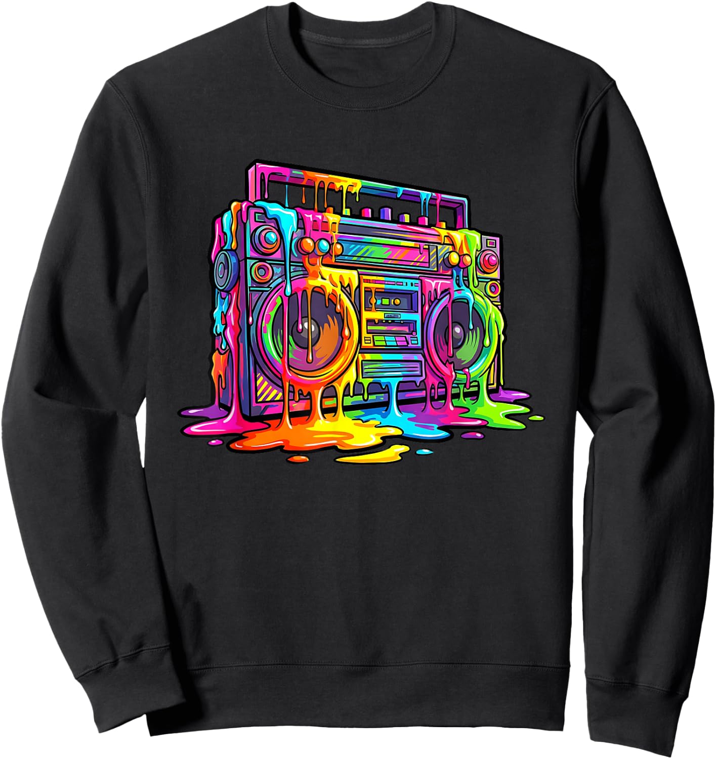 80s Boom Box Dripping Multicolor Paint Graffiti Fun Graphic Sweatshirt - Sweatshirt | Black