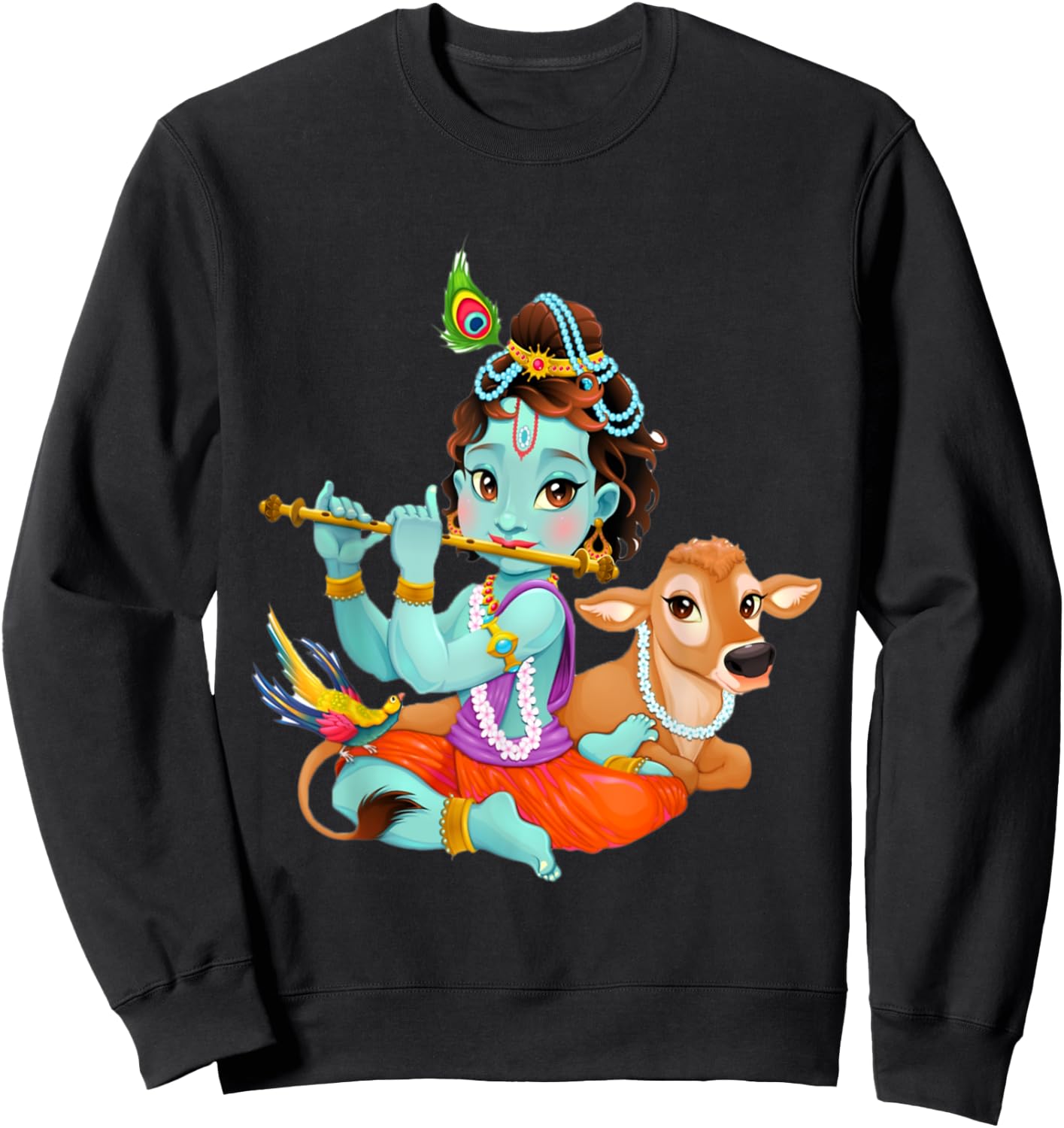 Hindu god Lord Shri Krishna with a Cow and a Bird Sweatshirt - Sweatshirt | Black