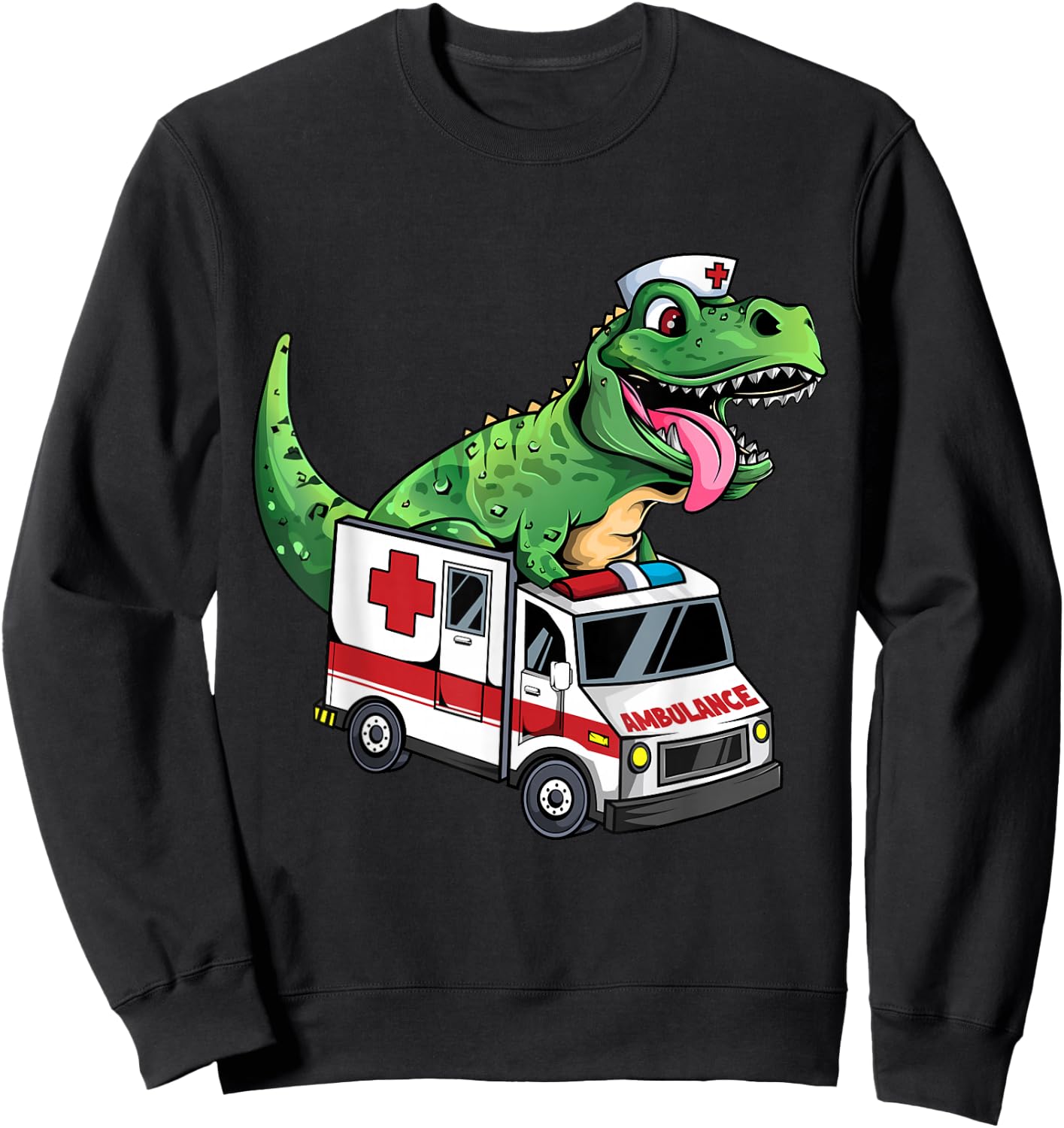 EMT Dinosaur Paramedic Funny Dino T-Rex Riding Ambulance Sweatshirt - Sweatshirt | Black