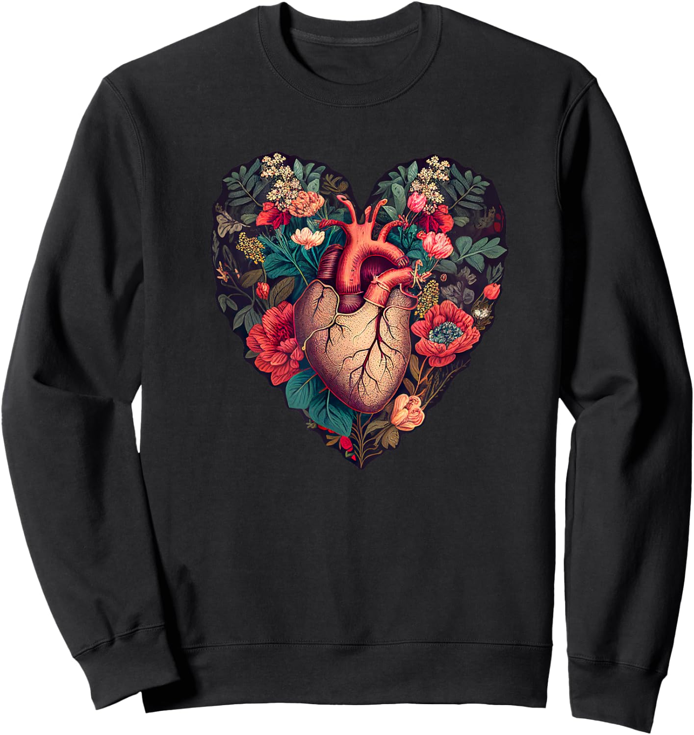 Vintage Anatomical Heart with Flowers for Dark Academia Gift Sweatshirt - Sweatshirt | Black