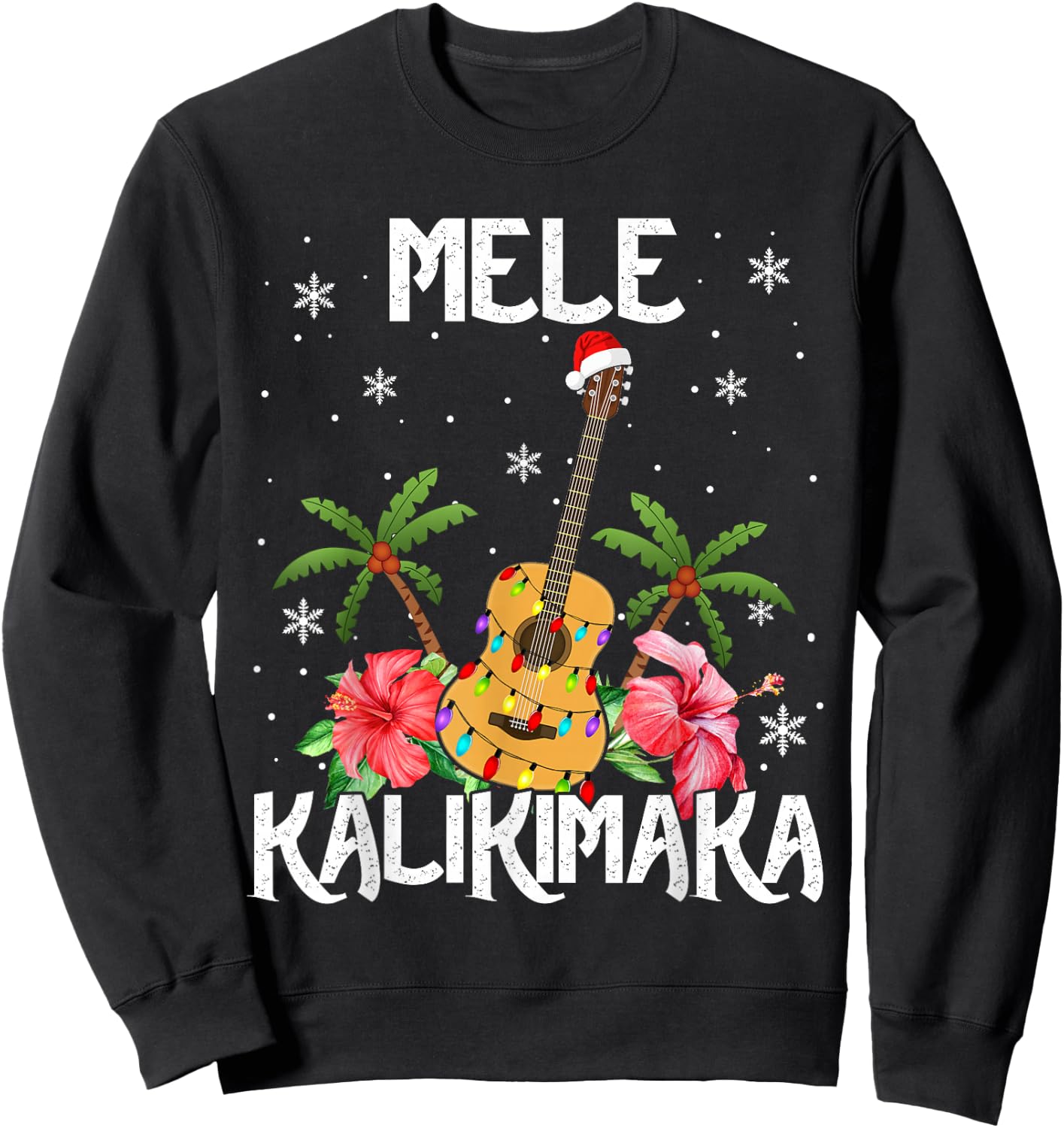 Mele Kalikimaka Merry Xmas Light Santa Hawaiian Guitar Sweatshirt - Sweatshirt | Black