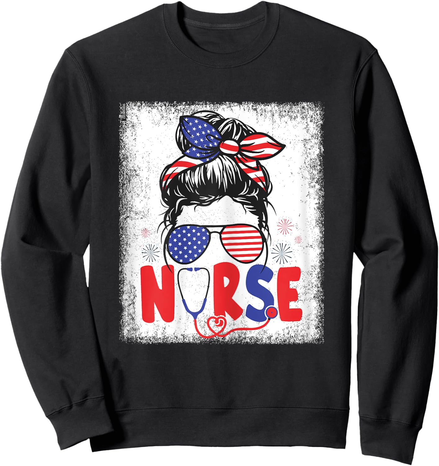 Patriotic Nurse Messy Bun 4th Of July American Flag Nurses Sweatshirt - Sweatshirt | Black