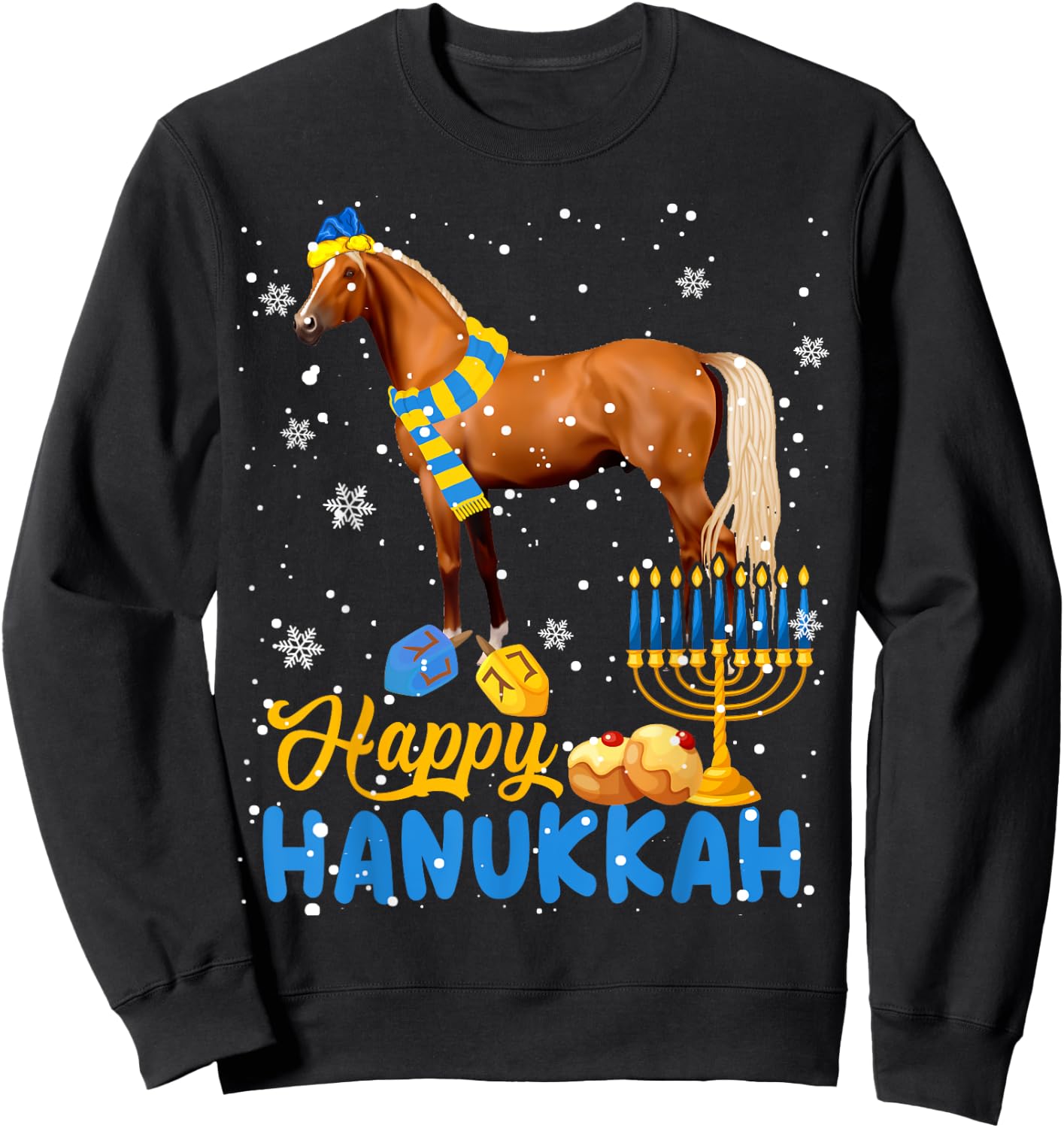 Happy Hanukkah Cute Hanukkah Horse Menorah Jewish Proud Sweatshirt - Sweatshirt | Black