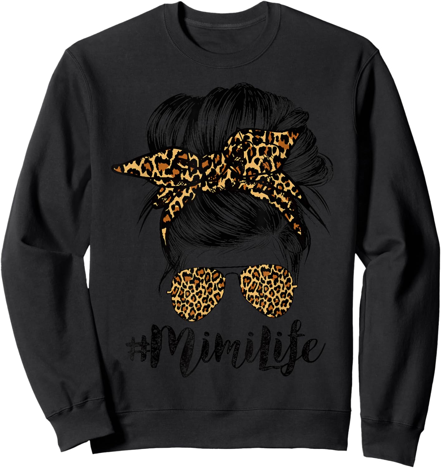 Mimi Life Hair Bandana Glasses Leopard Print Mother's Day Sweatshirt - Sweatshirt | Black