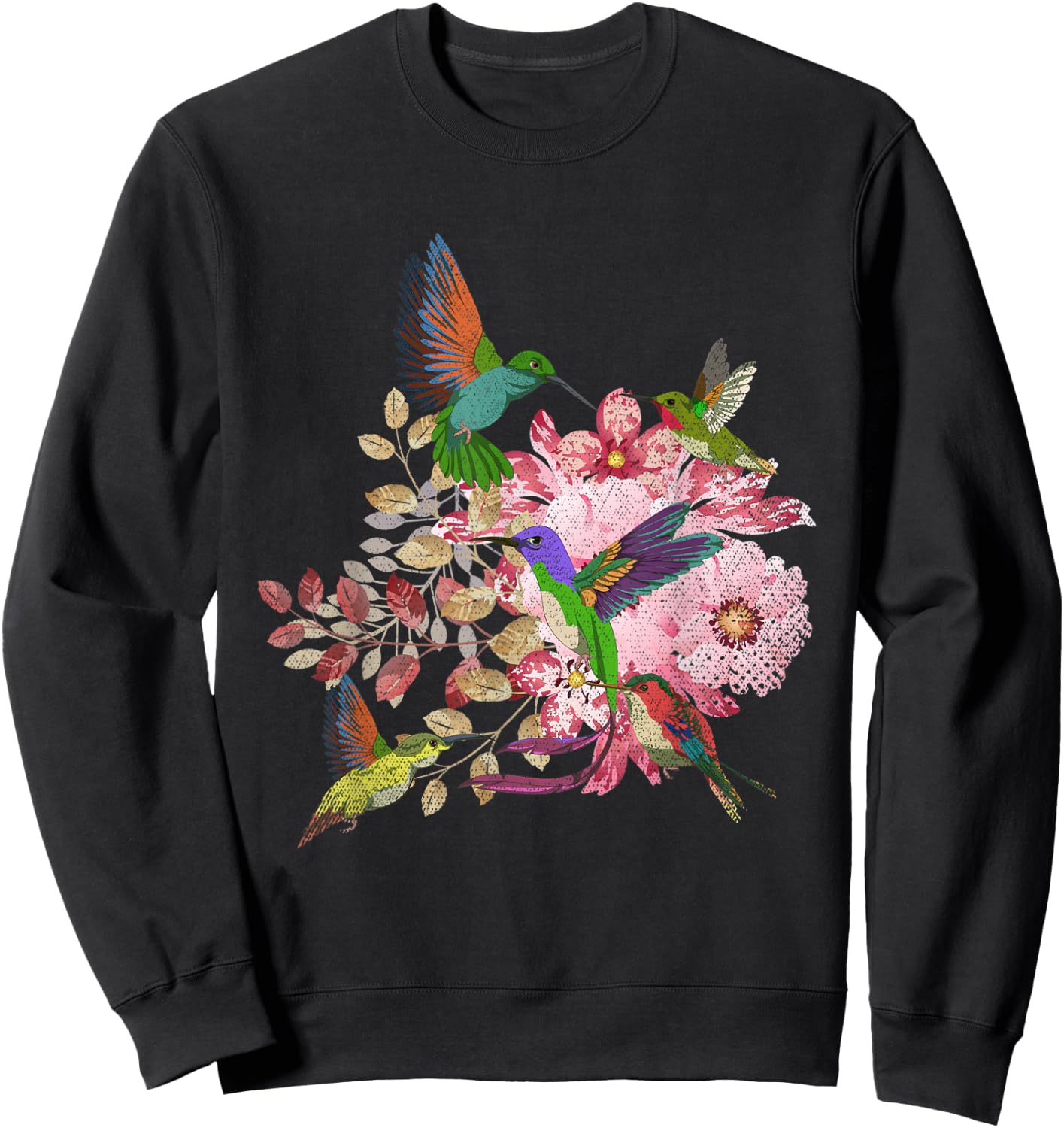 Floral Pretty Bird Flowers Animal Lover Vintage Hummingbird Sweatshirt - Sweatshirt | Black