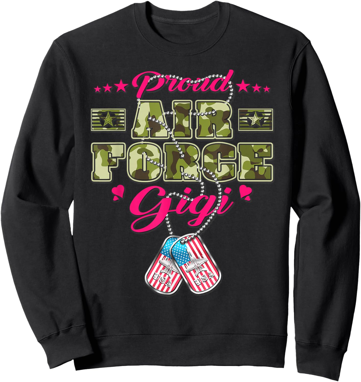 Proud Air Force Gigi - Camo US Flag Dog Tag Military Grandma Women Sweatshirt - Sweatshirt | Black
