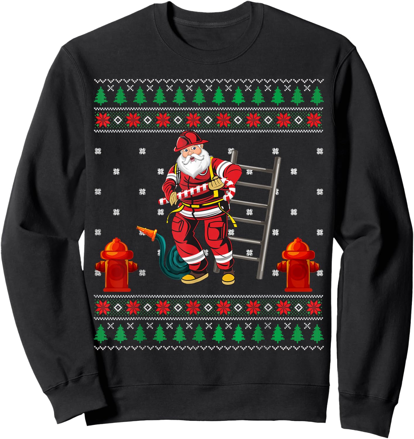 Funny Firefighter Fireman Ugly Christmas Santa Claus Pajama Sweatshirt - Sweatshirt | Black