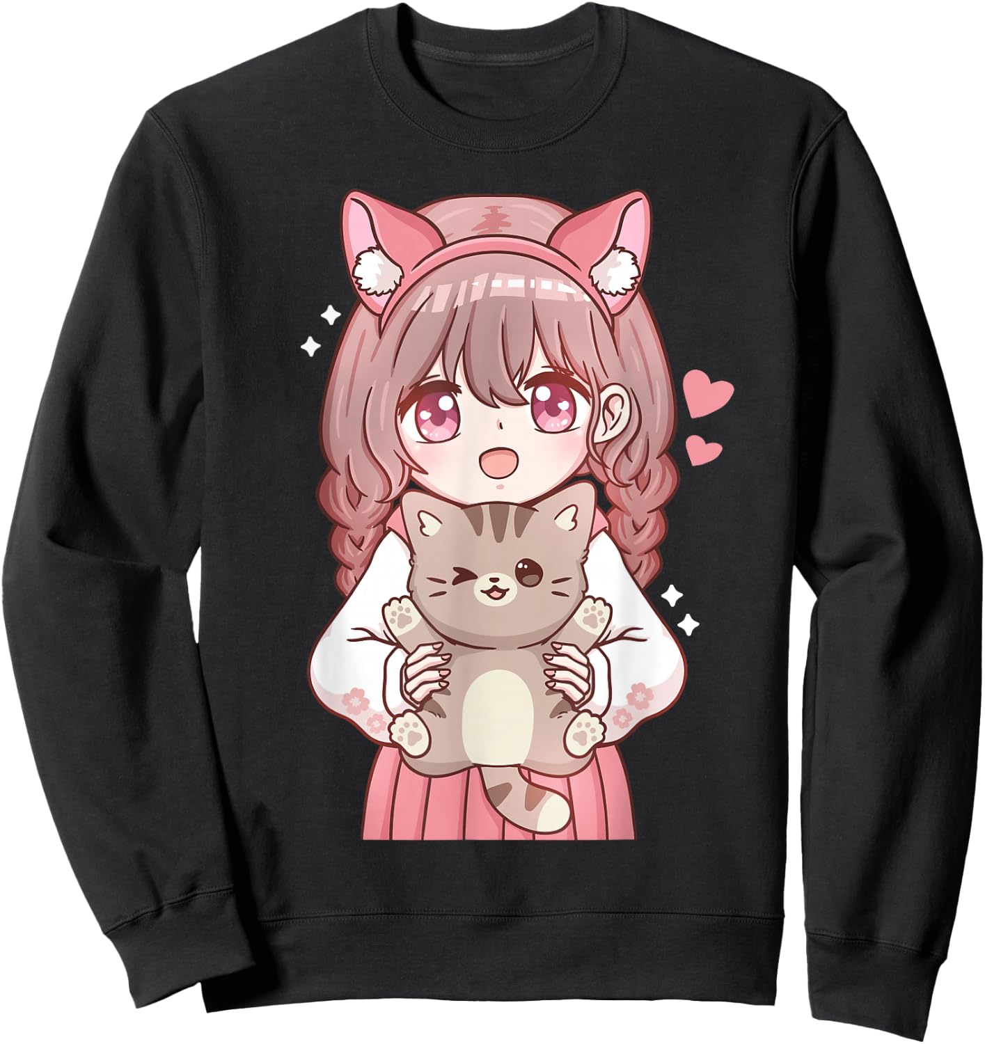 Anime Girl with Cat Kawaii Cat Lover Otaku Small Sweatshirt - Sweatshirt | Black