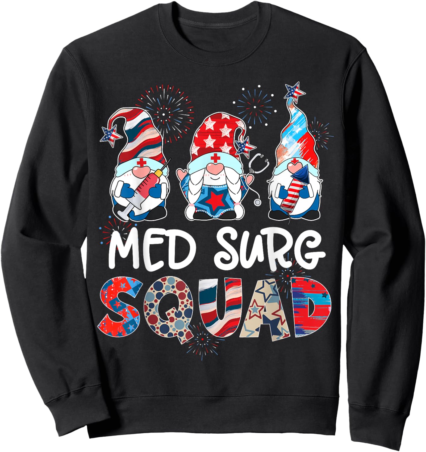 Med Surg Squad Gnomes 4th Of July Pride Nurse Stethoscope Sweatshirt - Sweatshirt | Black