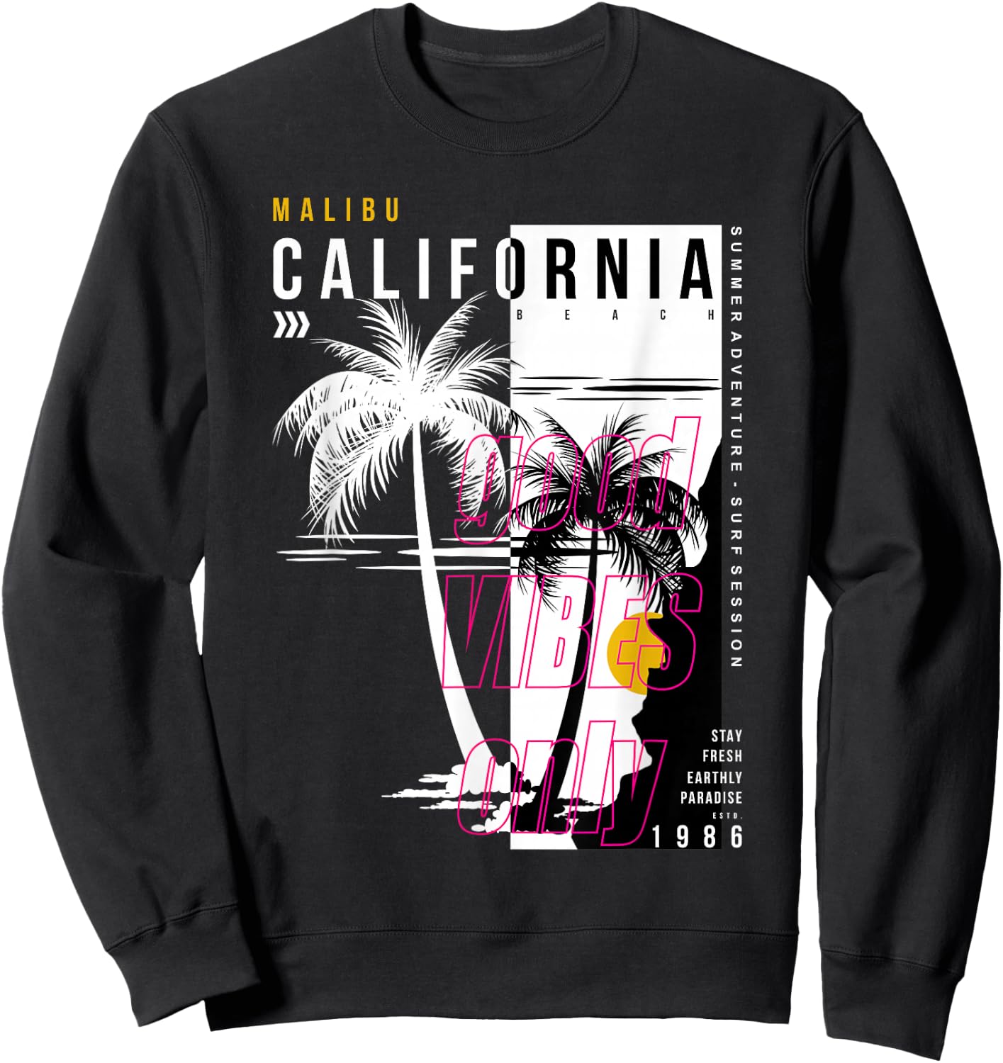 Black and White Palm Tree California Malibu Sweatshirt - Sweatshirt | Black