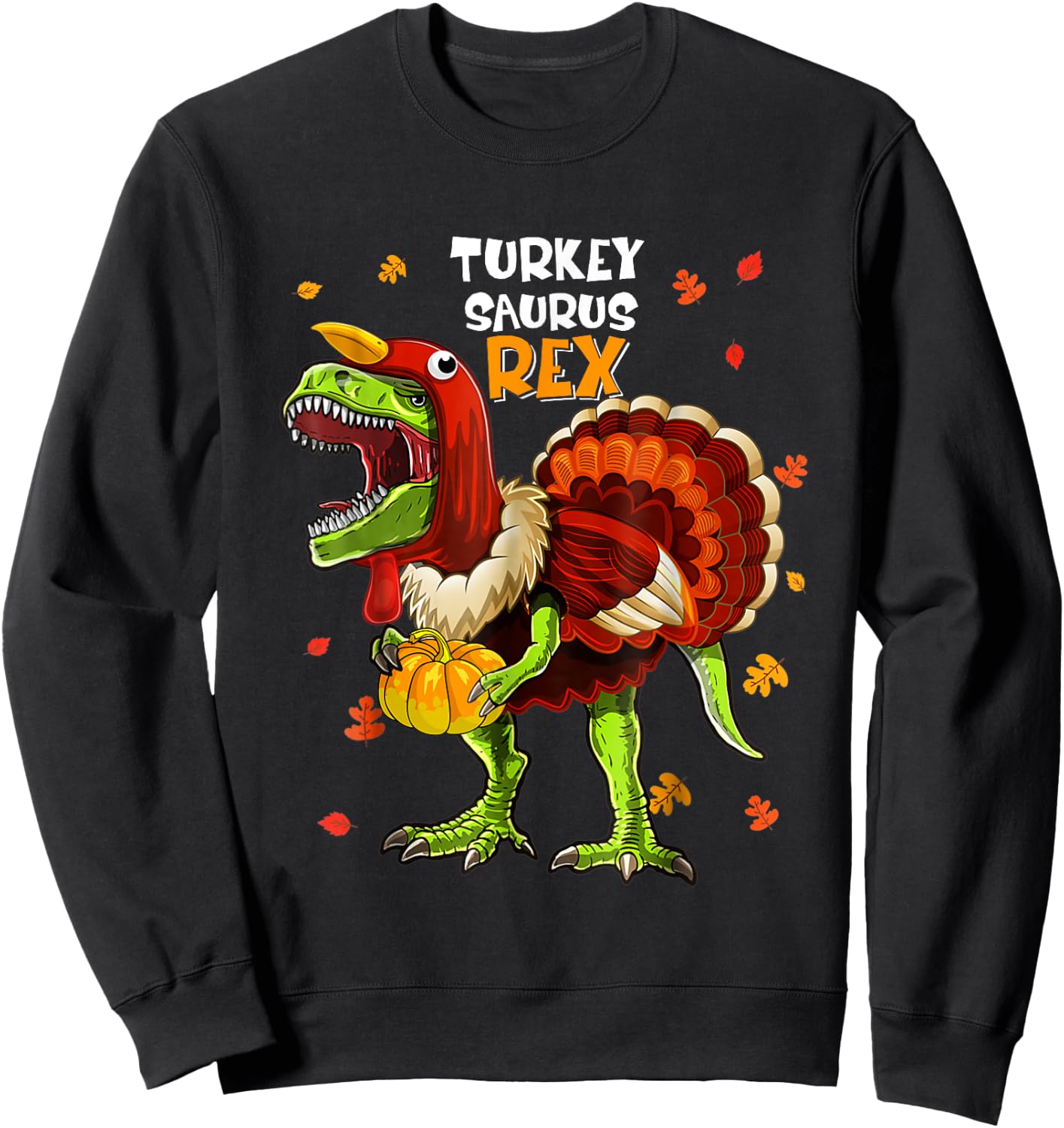 Turkey Saurus Rex Dinosaur Pumpkin Funny Thanksgiving Kids Sweatshirt - Sweatshirt | Black