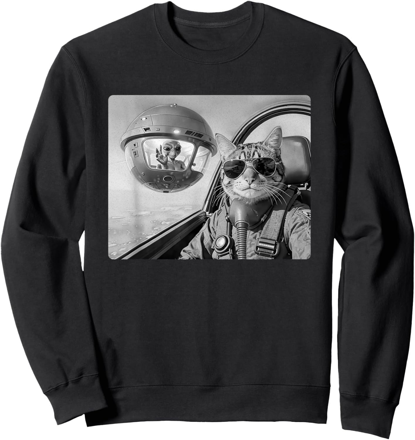 Pilot Cat Selfie with UFO and Alien Fighter Jet Cat Lovers Sweatshirt - Sweatshirt | Black