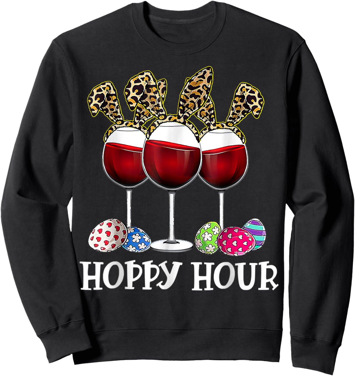 Easter Egg Leoppard Bunny Wine Drinking Sweatshirt - Sweatshirt | Black