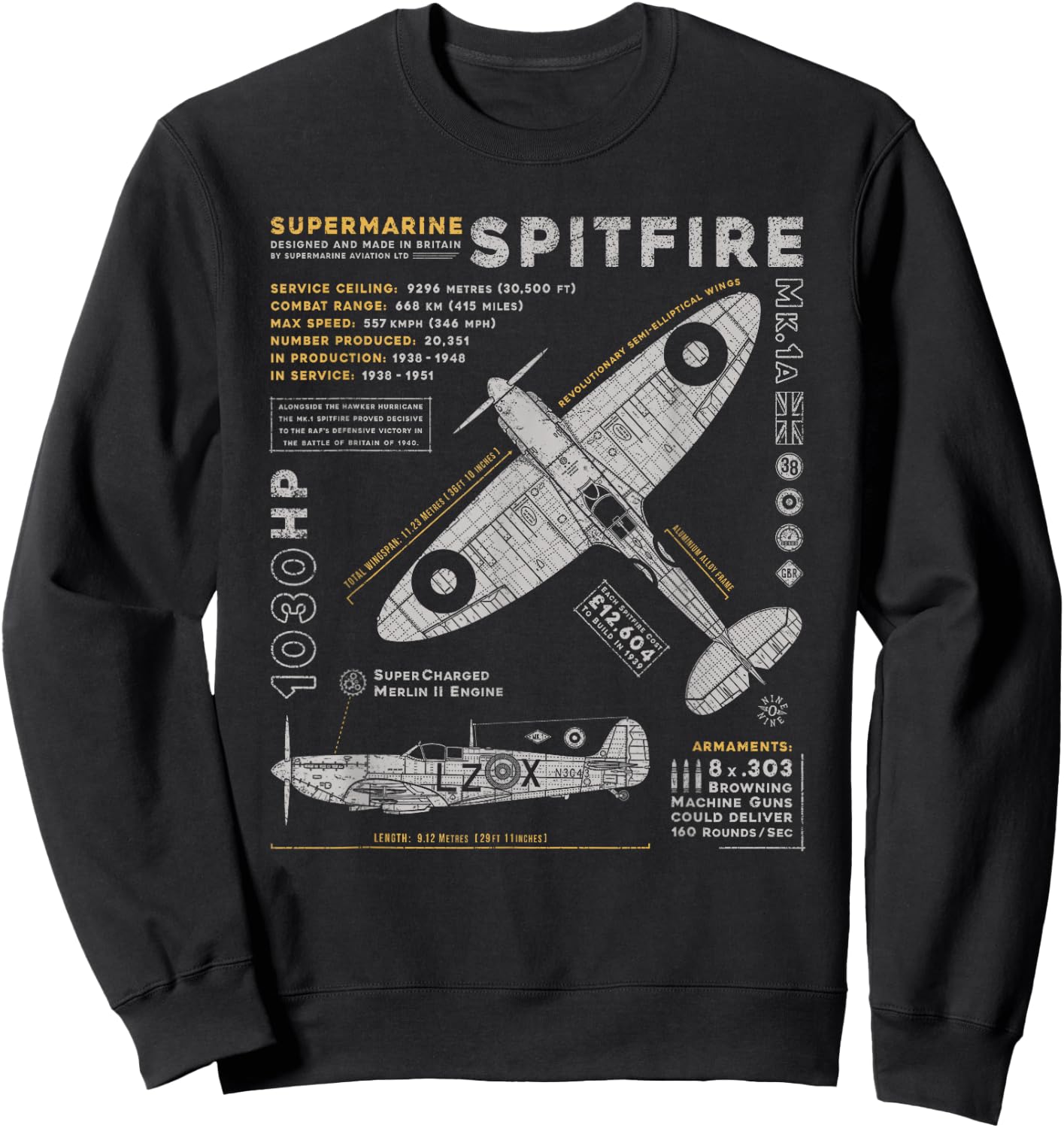 Spitfire Mk.1 | RAF British WWII Supermarine Fighter Plane Small Sweatshirt - Sweatshirt | Black