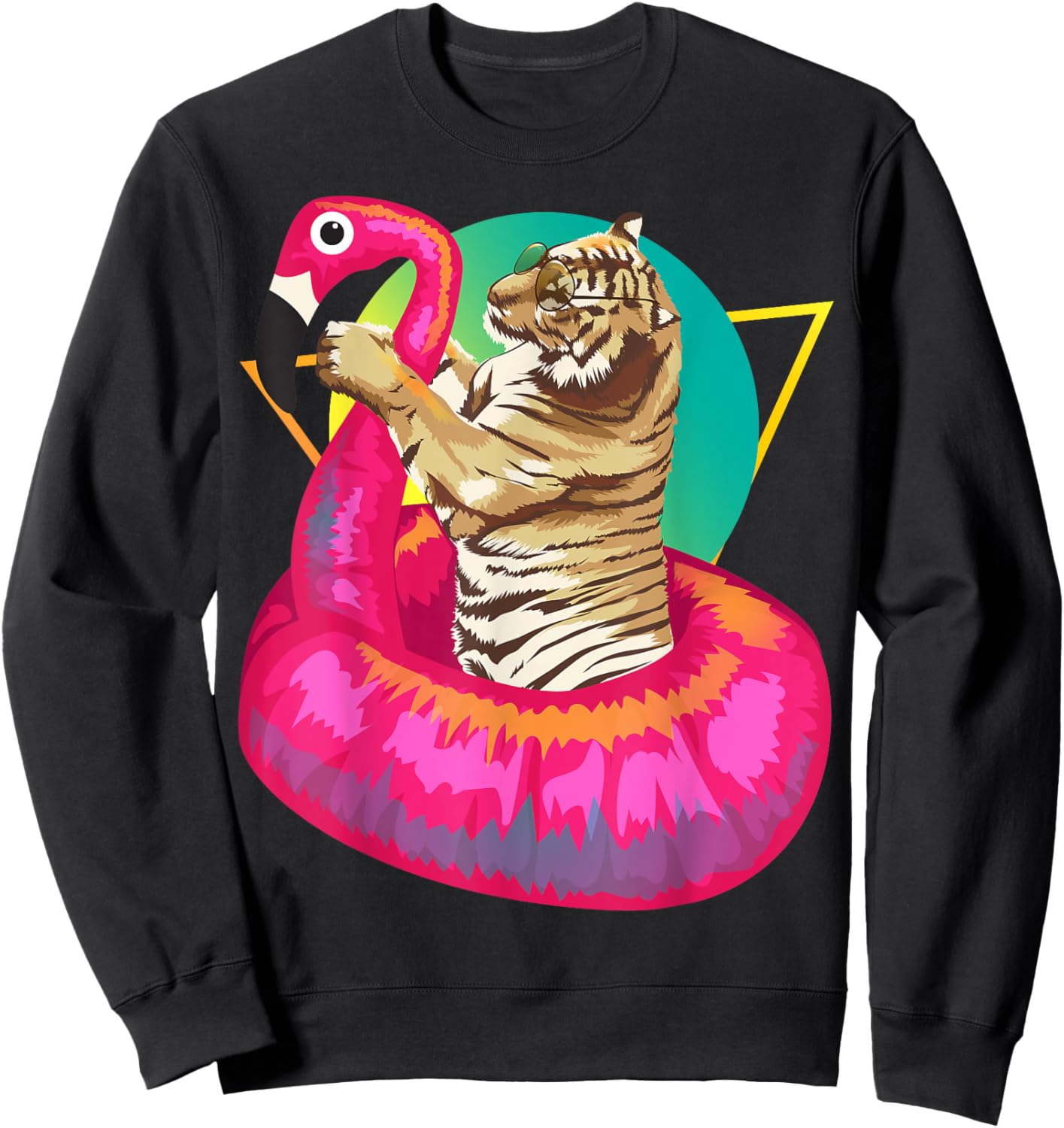 Cool Unique Tiger Chilling In Floating Flamingo Gift Sweatshirt - Sweatshirt | Black