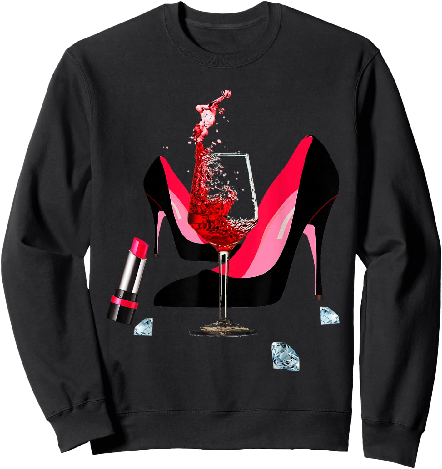 High Heel Shoes, red Lipstick, red Wine Glass and Diamonds Sweatshirt - Sweatshirt | Black