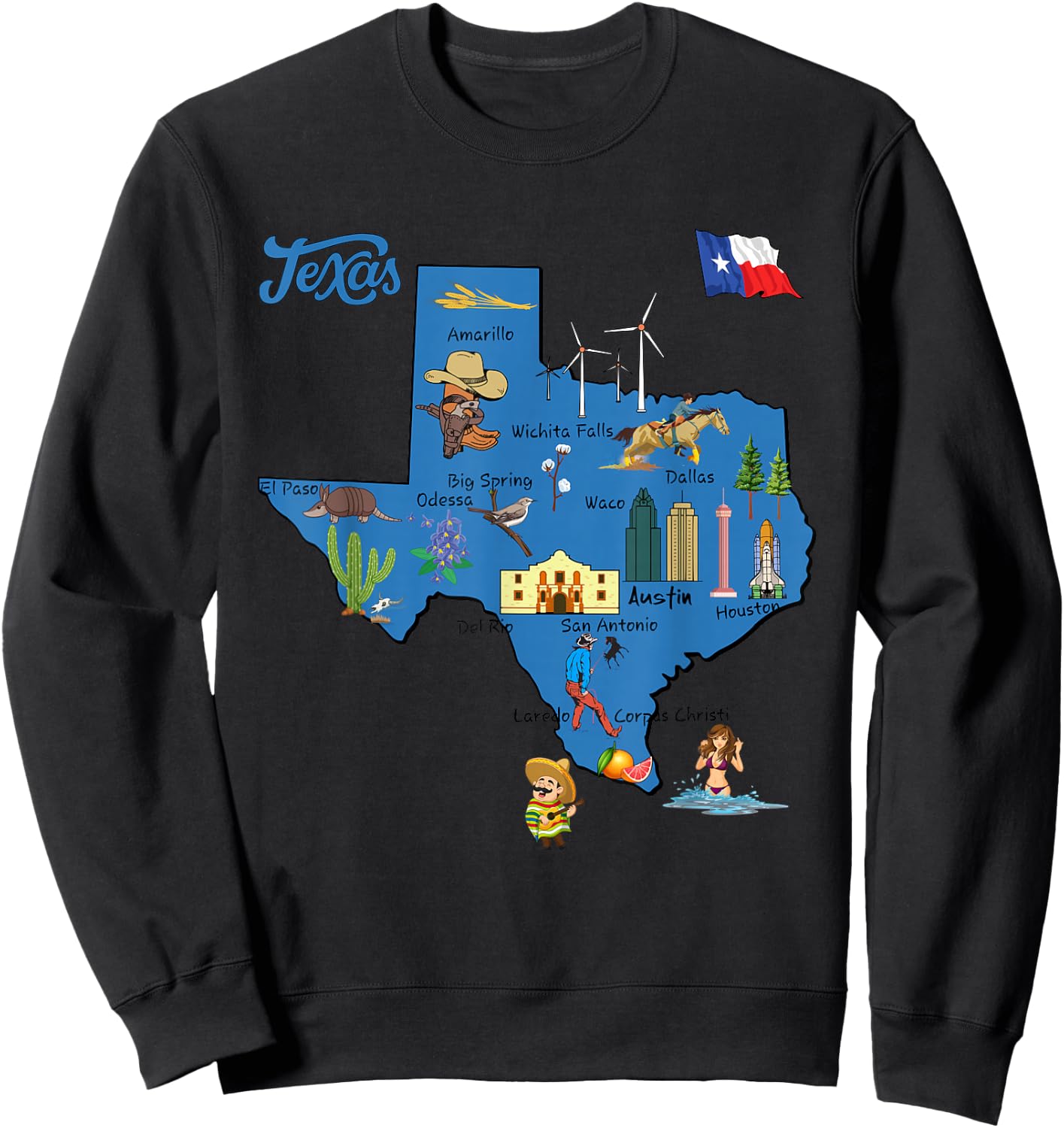 tourism map of Texas state, USA, cities, Landmarks, flag Sweatshirt - Sweatshirt | Black