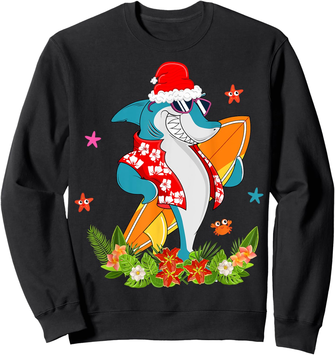 Funny Shark Hawaiian Summer Surfing Shark Christmas in July Women Kids Sweatshirt - Sweatshirt | Black