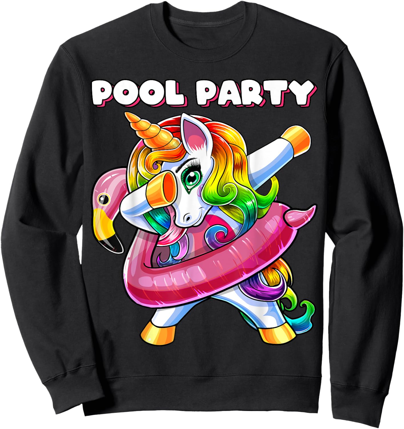 Pool Party Flamingo Float Dabbing Unicorn Girls Women Summer Sweatshirt - Sweatshirt | Black