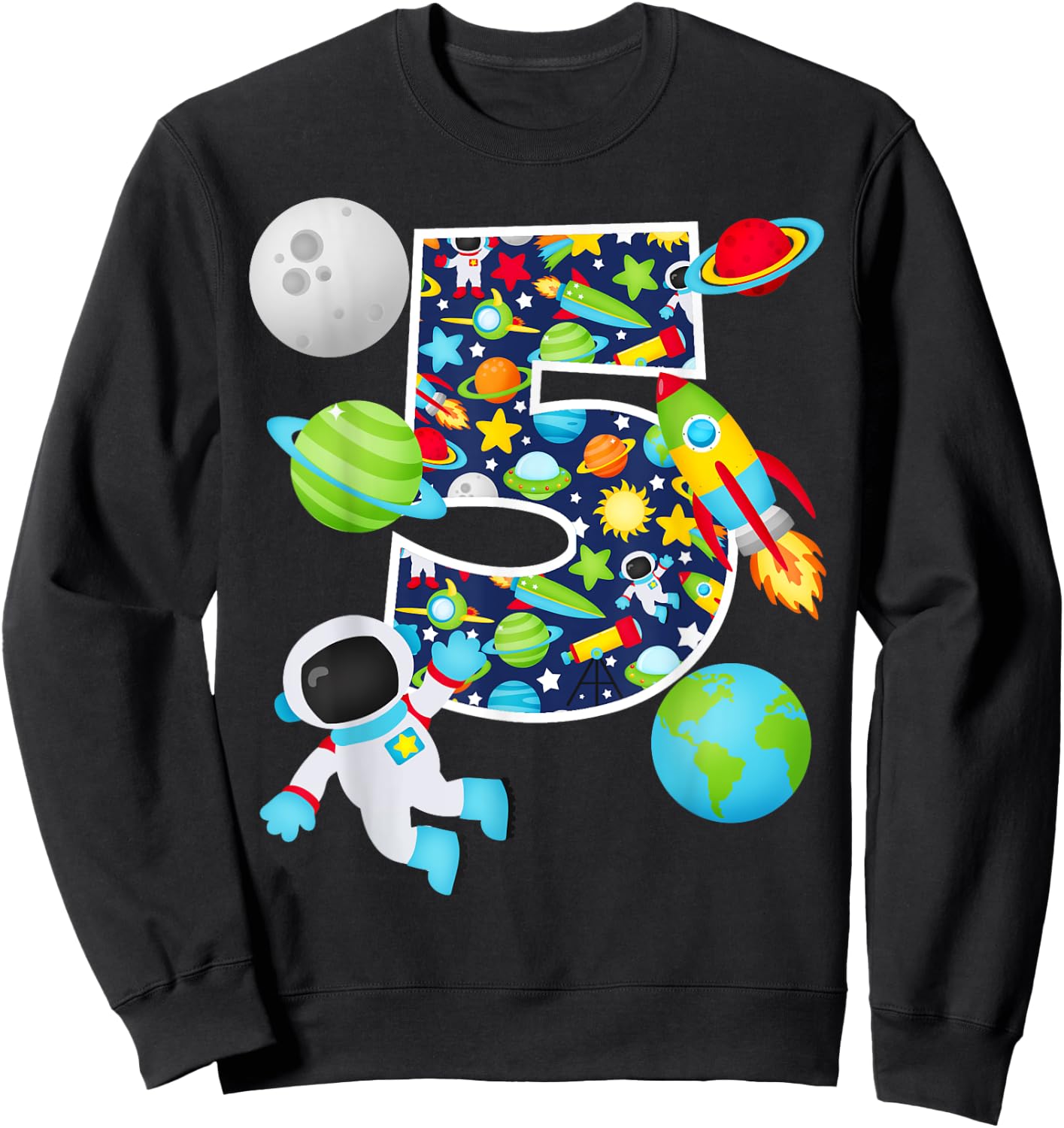 Outer Space 5 Year Old 5th Birthday Party Solar System Sweatshirt - Sweatshirt | Black