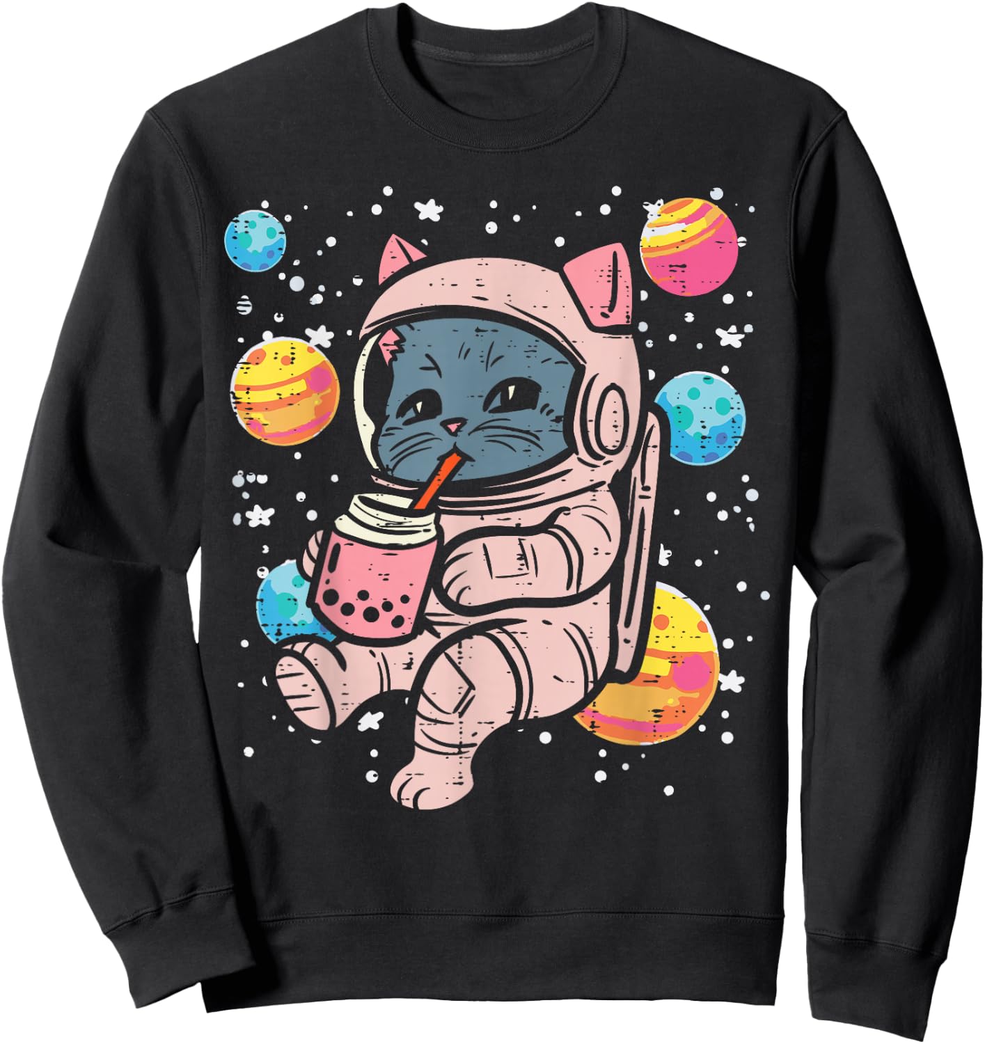 Cat Astronaut Boba Milk Tea Cute Space Women Girls Kids Men Sweatshirt - Sweatshirt | Black