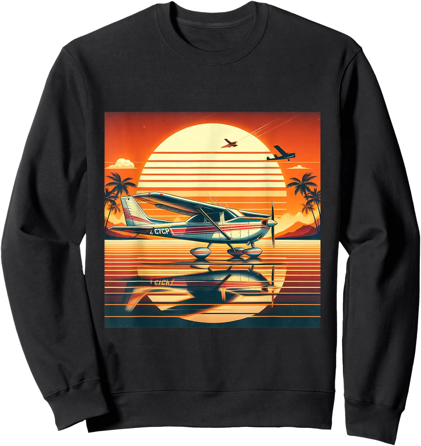 C-172 Skyhawk Vintage C172 Airplane Retro Sunset Pilot Sweatshirt - Sweatshirt | Black