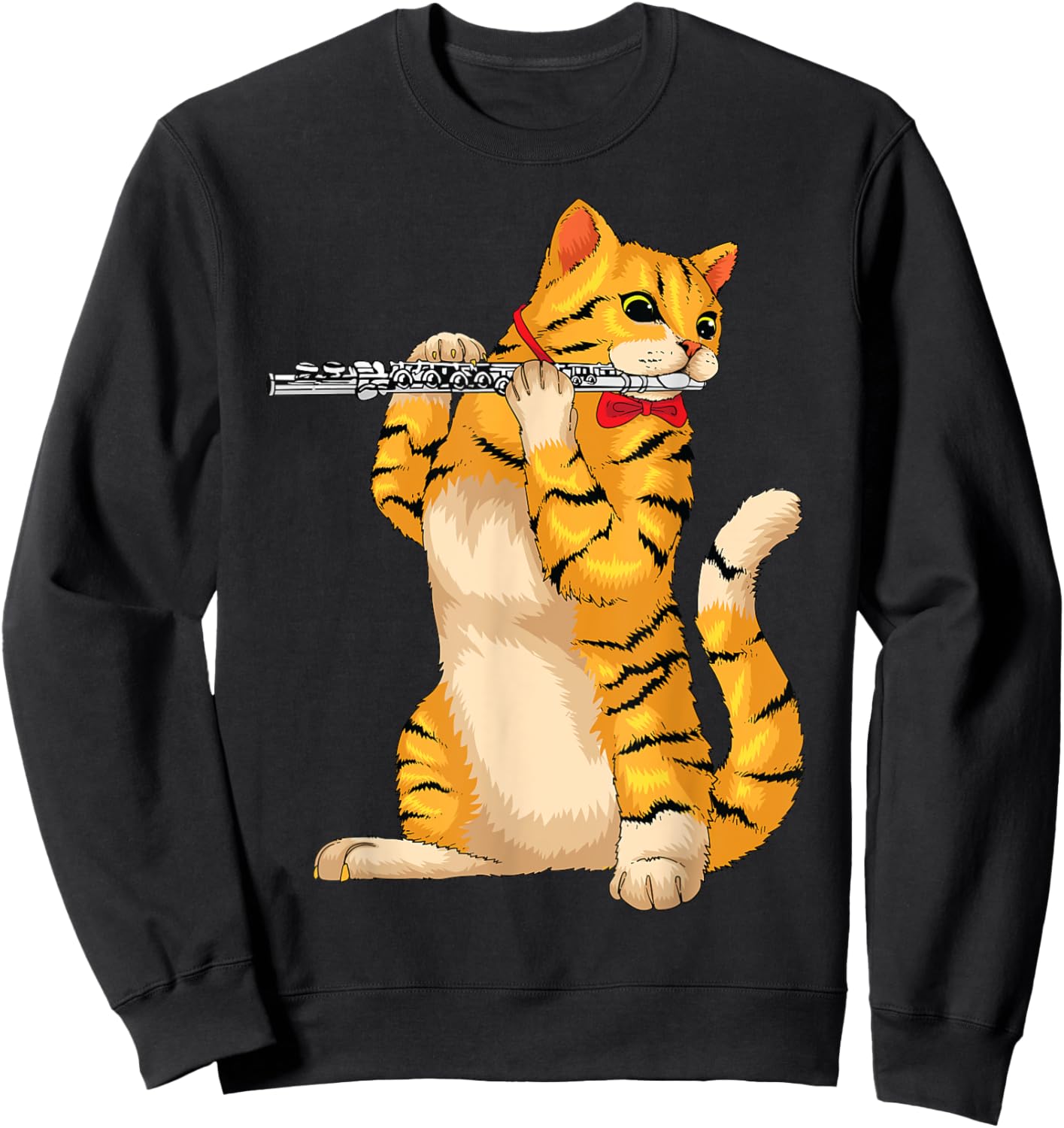 Funny Cat Playing Flute | Cool Animal Musician Fluter Gift Women Girls Kids Sweatshirt - Sweatshirt | Black