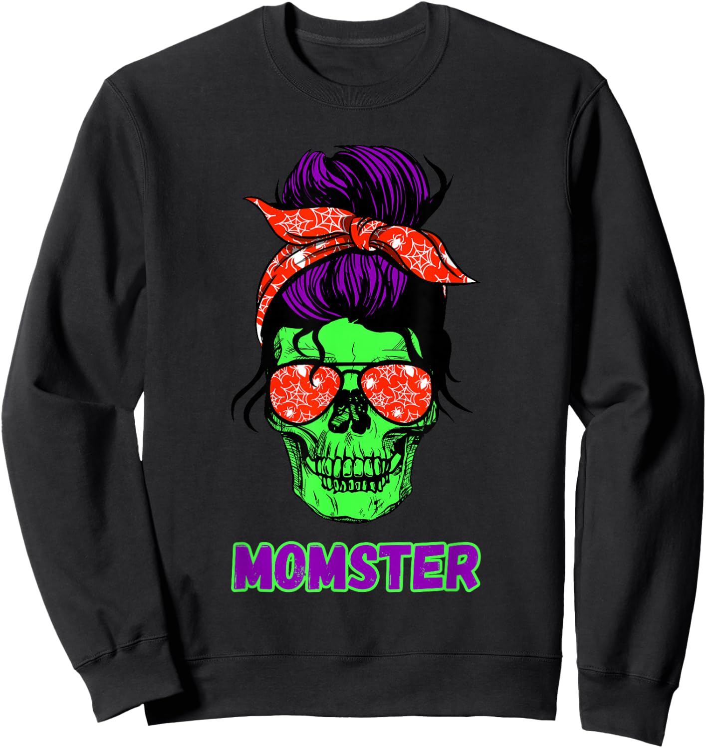 Momster Funny Skull Mama Messy Bun Mom Halloween Costume Sweatshirt - Sweatshirt | Black