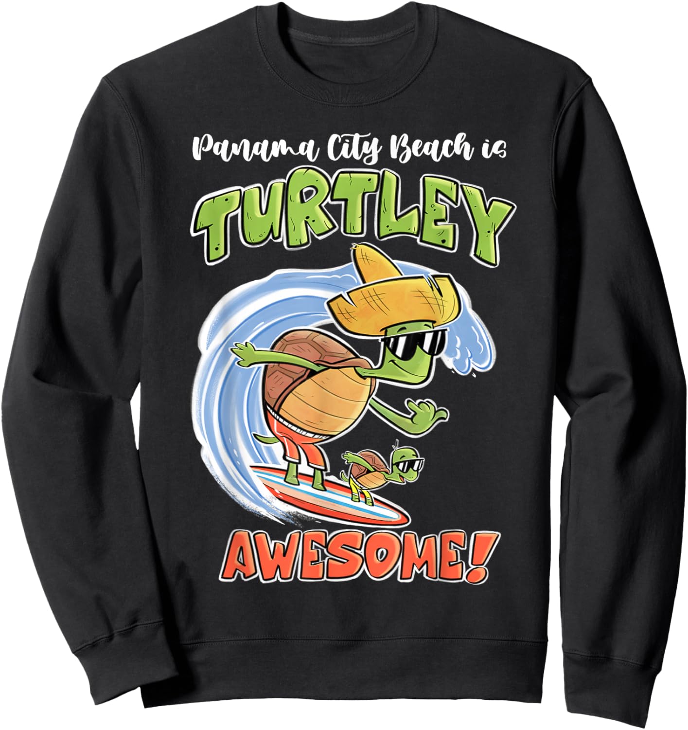 Cute Panama City Beach Kid's shirt Fun Turtle on Surfboard Sweatshirt - Sweatshirt | Black