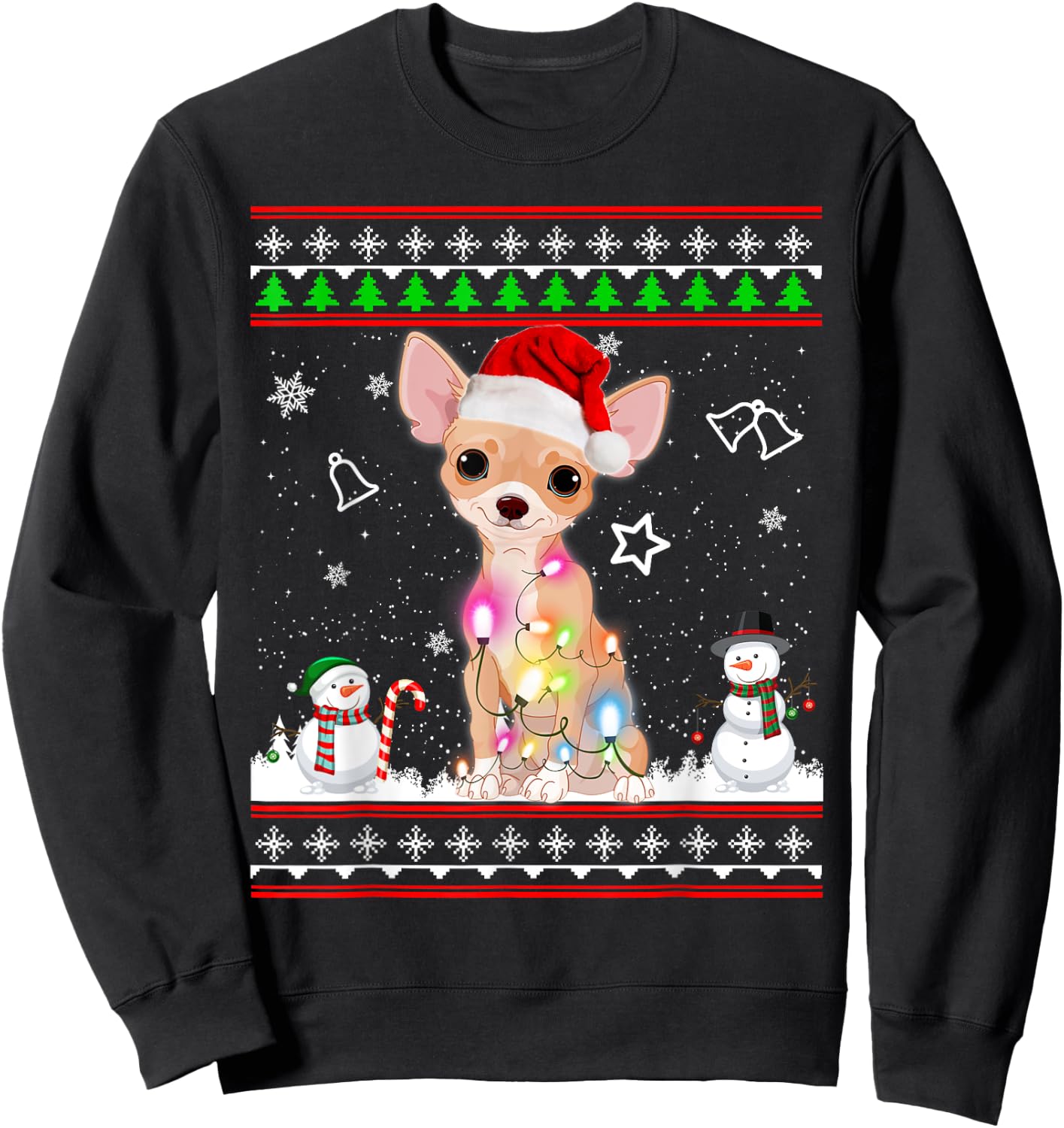 Chihuahua Christmas Dog Light Ugly Sweater Short Sleeve Sweatshirt - Sweatshirt | Black
