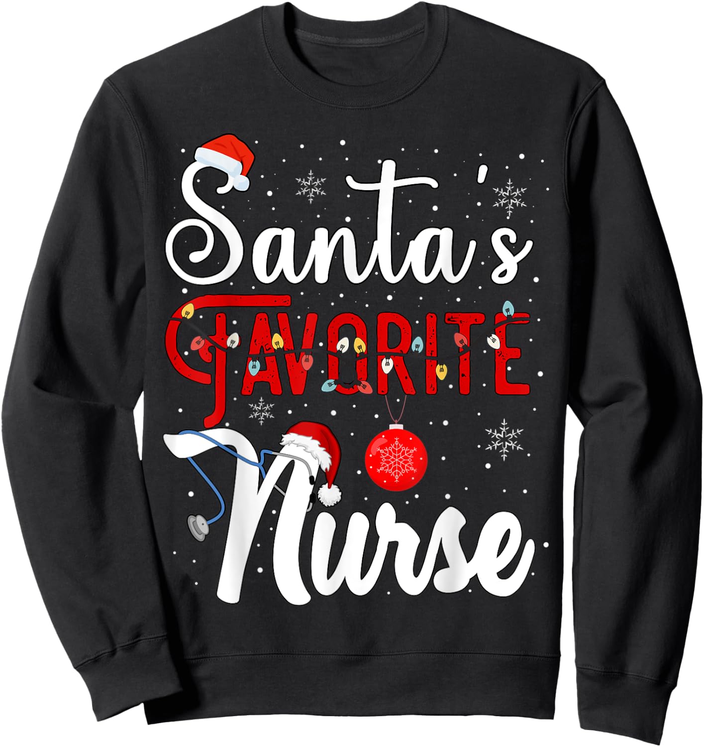 Santa's Favorite Nurse Christmas Pajama Lights Nursing Xmas Sweatshirt - Sweatshirt | Black
