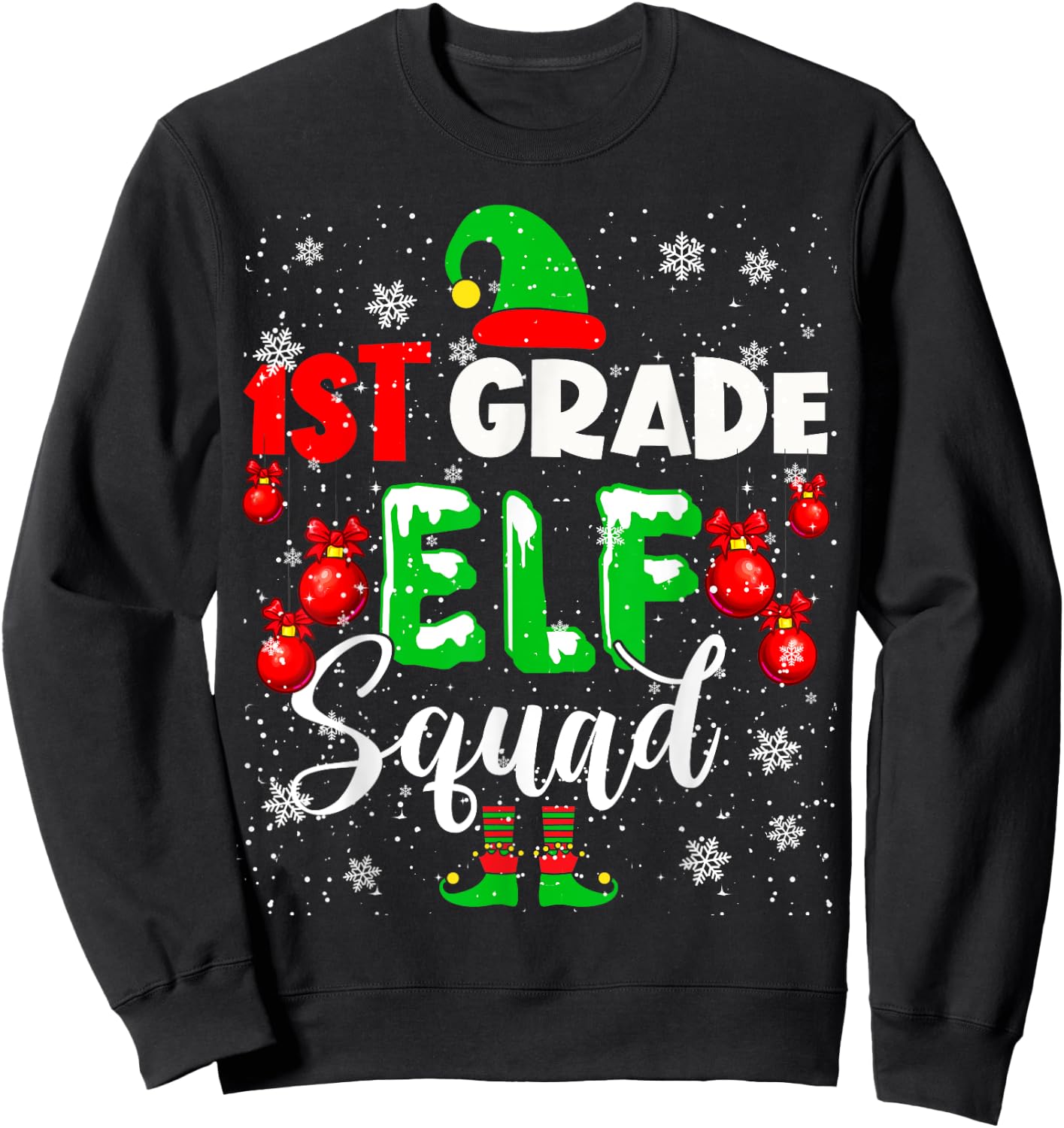 1st Grade ELF Squad Funny Christmas ELF Kids Teacher Group Sweatshirt - Sweatshirt | Black