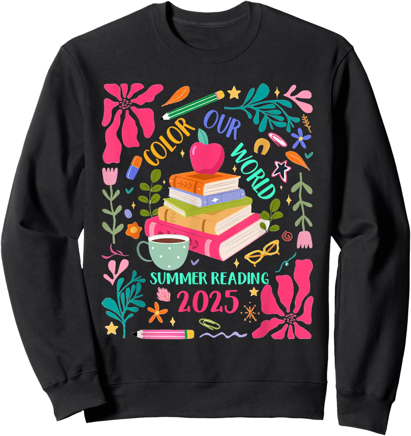 Color Our World Summer Reading 2025 Boho Wildflower Book Sweatshirt - Sweatshirt | Black