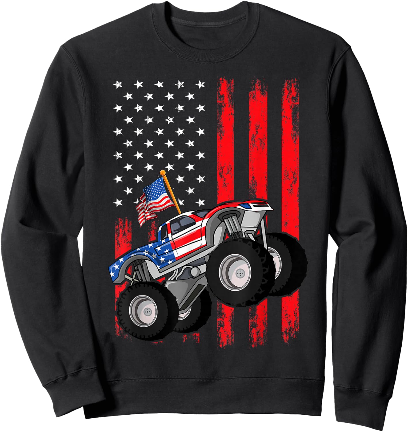 Kid Monster Truck Shirt, Toddler Boys American Flag July 4th Sweatshirt - Sweatshirt | Black