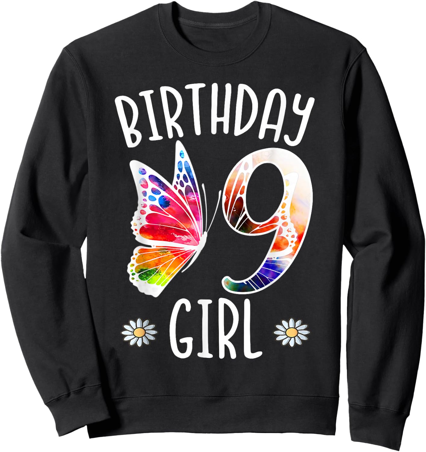 9th Birthday Girl Butterflies 9 Years Old Girls Butterfly Sweatshirt - Sweatshirt | Black