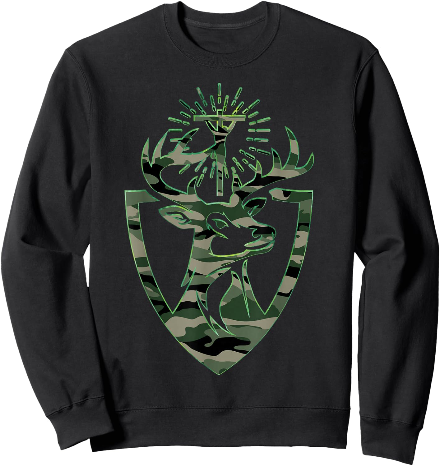 St. Hubert Hubertus Patron Saint of Hunter Deer Camo Sweatshirt - Sweatshirt | Black