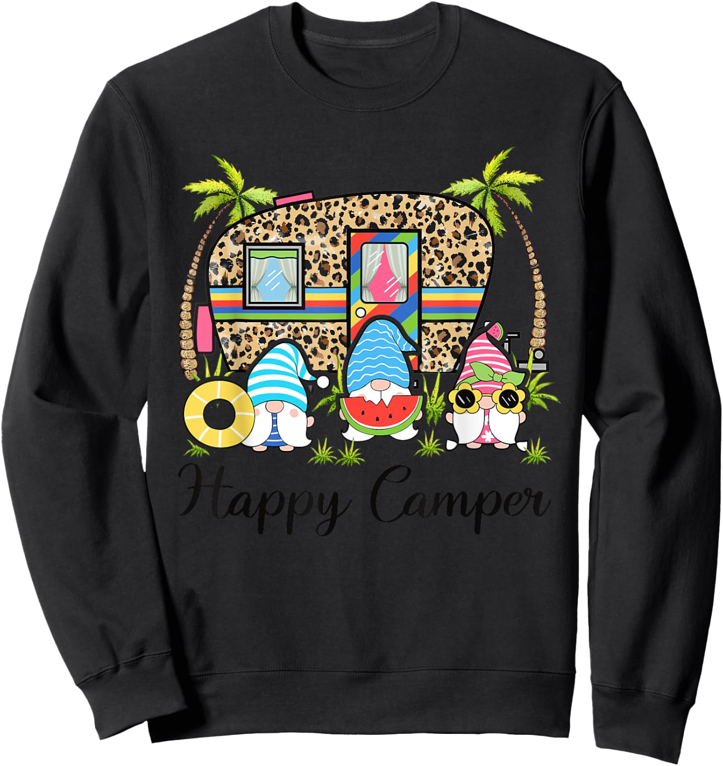 Leopard Camping RV Gnome Camper Happy Summer Camping Sweatshirt - Sweatshirt | Black