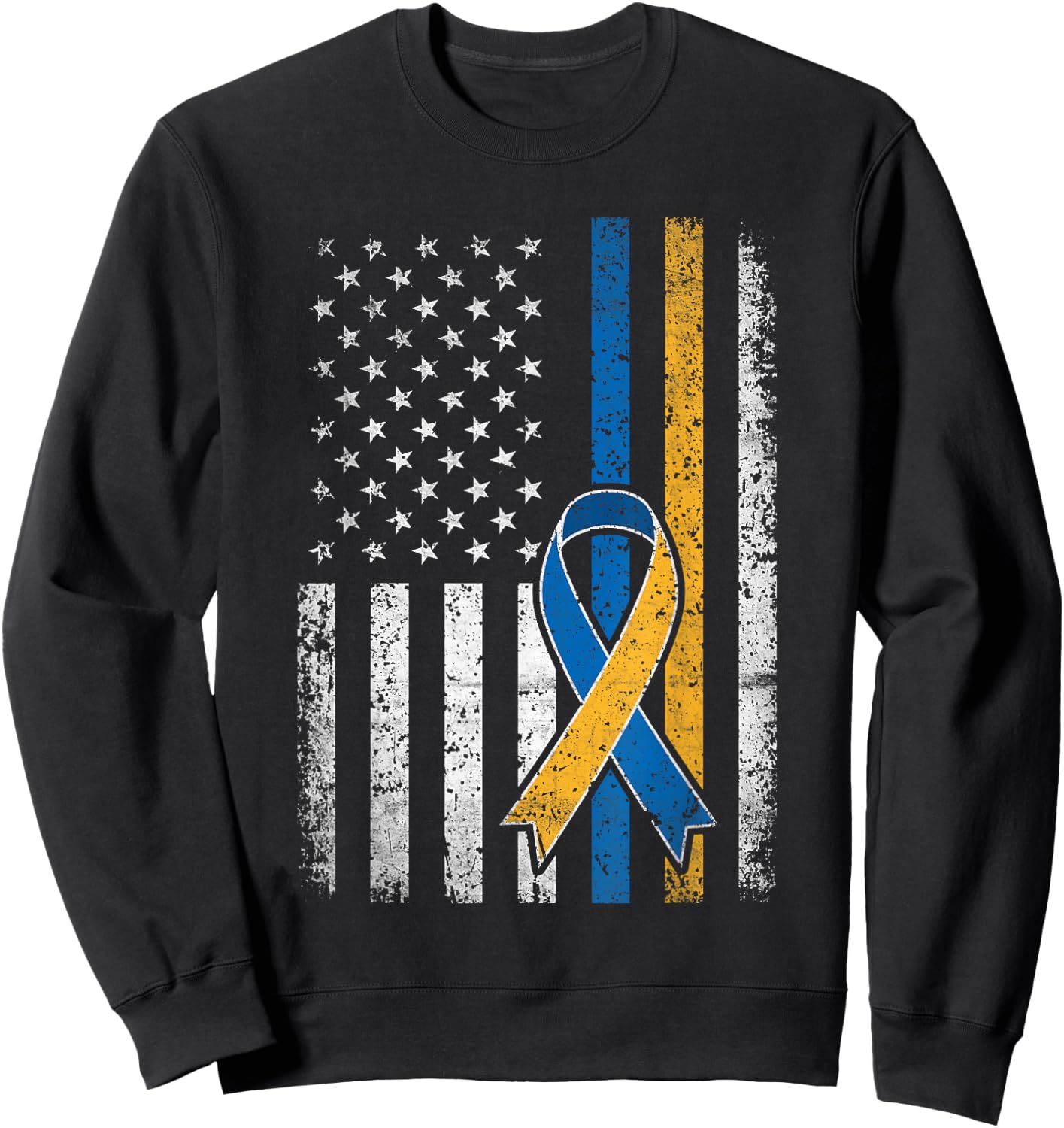 Down Syndrome Shirt USA Flag Retro Blue and Yellow Ribbon Sweatshirt - Sweatshirt | Black