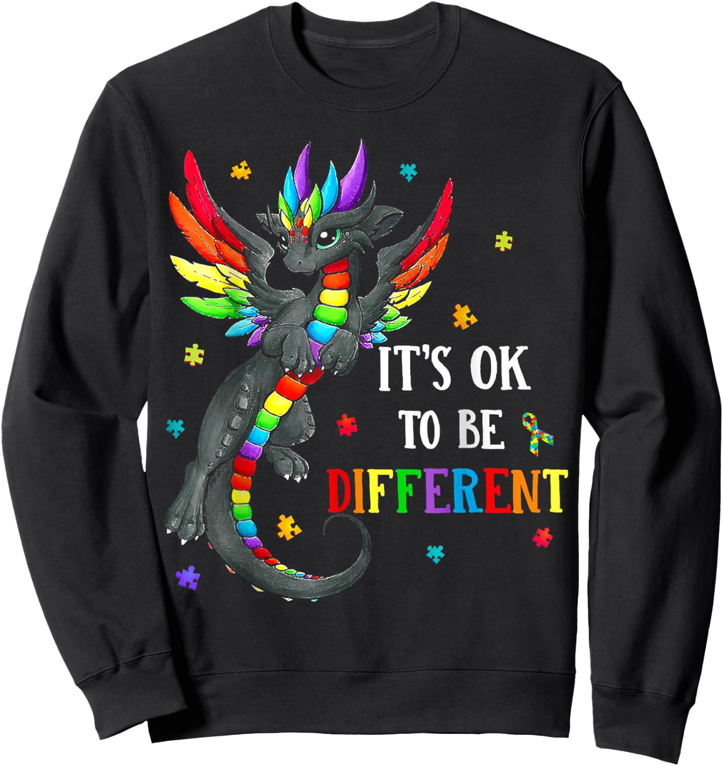 Autism Awareness Day Dragon Gift, It's Ok To Be Different Sweatshirt - Sweatshirt | Black