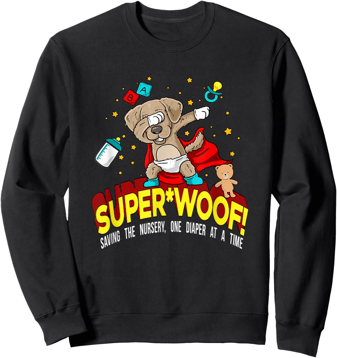 SUPER WOOF Diaper Pup Superhero Parody Sweatshirt - Sweatshirt | Black