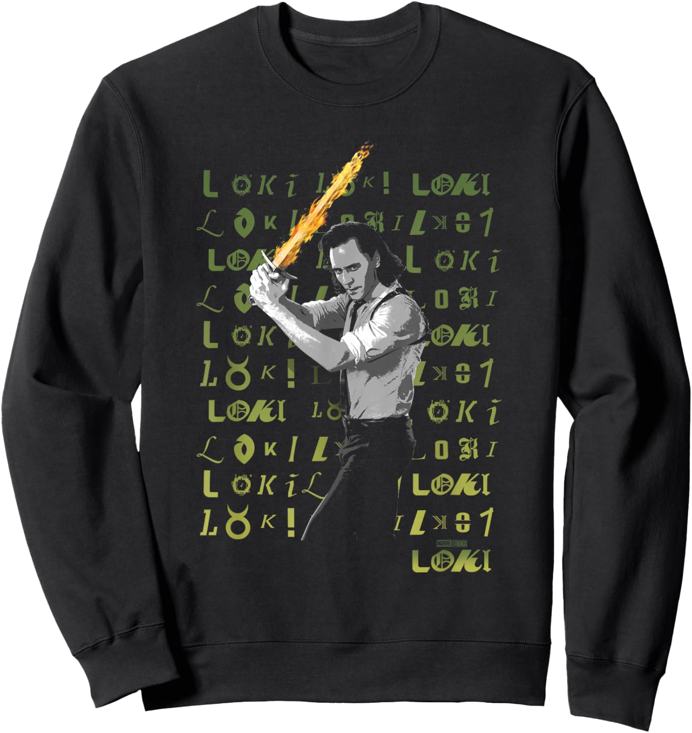 Marvel Loki Flaming Sword Loki Logo Text Spill Sweatshirt - Sweatshirt | Black