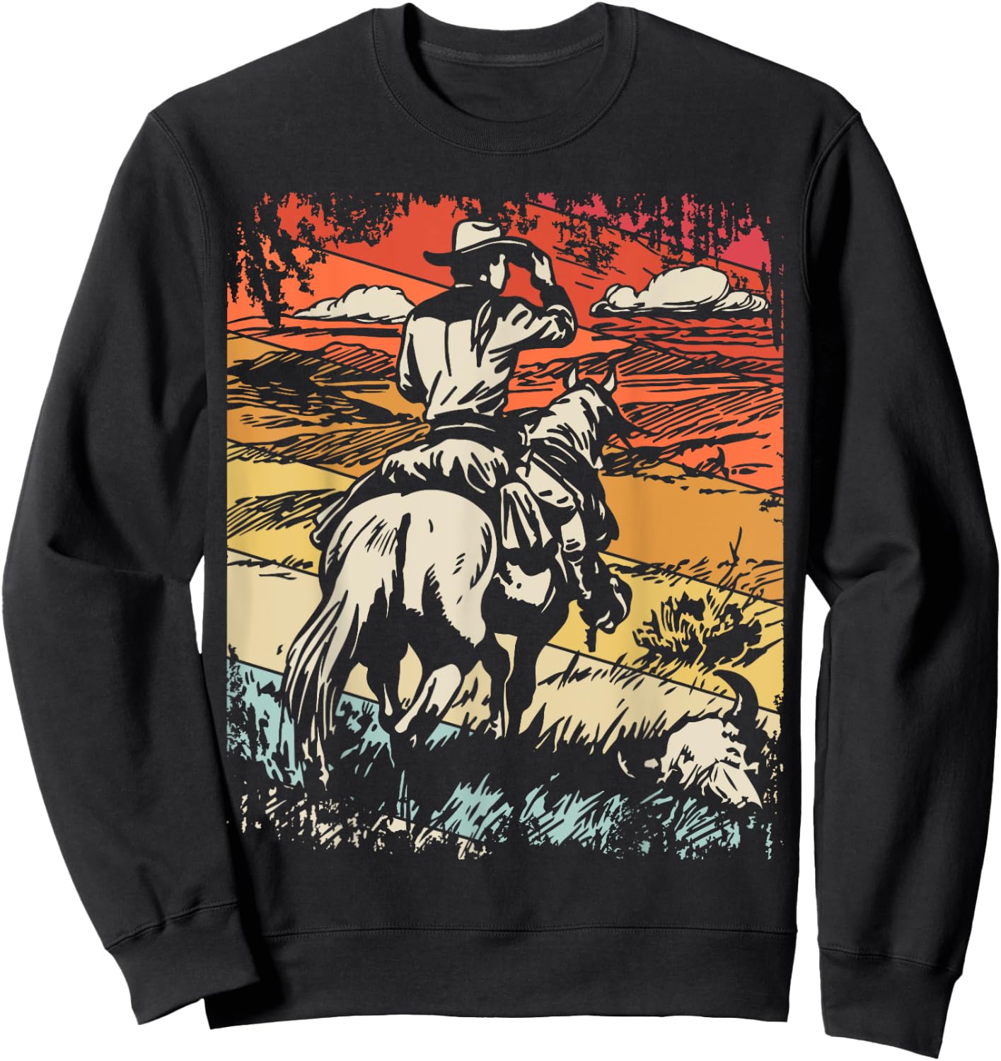 Vintage Cowboy By SamBro Retro -Adults Kids Western Black Small Short Sleeve Sweatshirt - Sweatshirt | Black