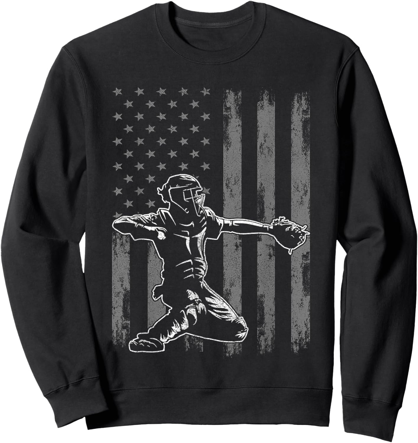 Baseball Catcher Shirt for Boys Men, Baseball USA Flag Sweatshirt - Sweatshirt | Black