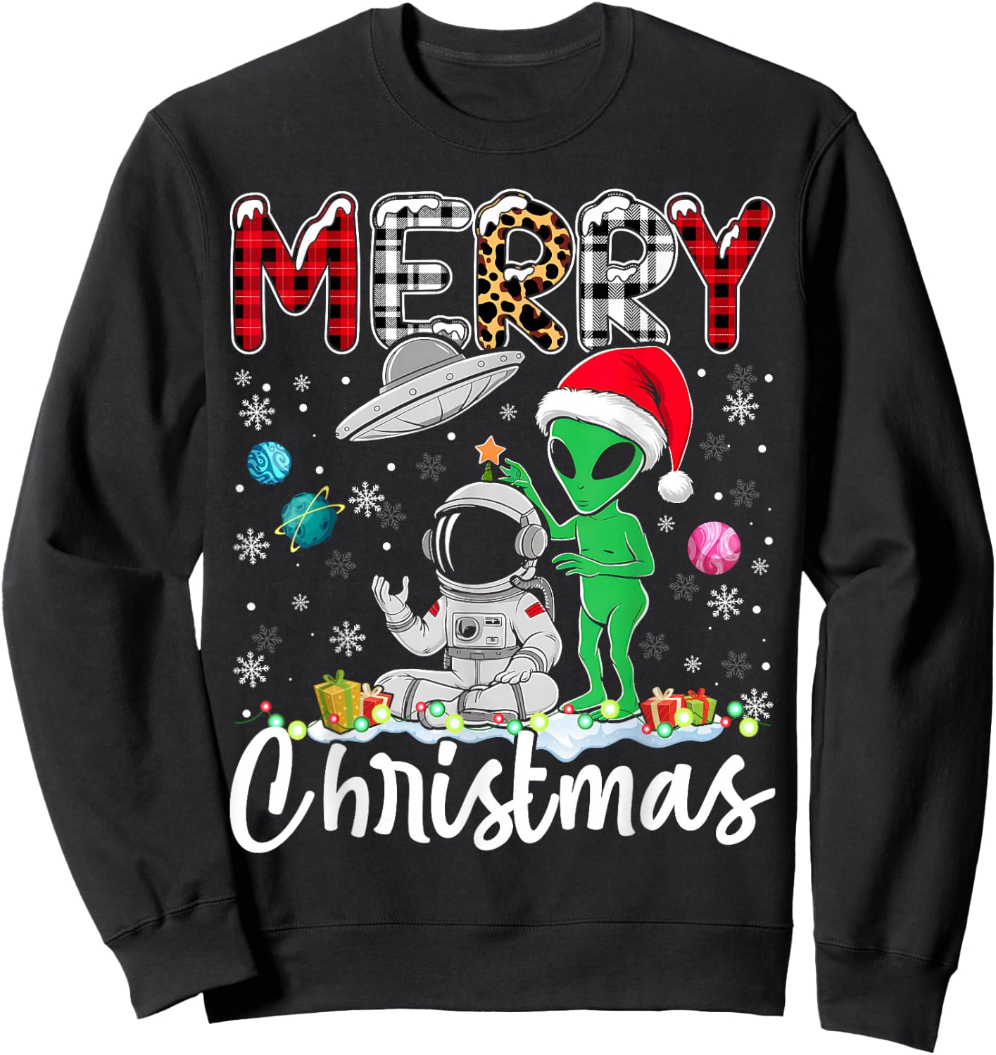 Alien Santa Astronaut UFO Christmas Snowflakes Xmas Sweatshirt - Sweatshirt | Black