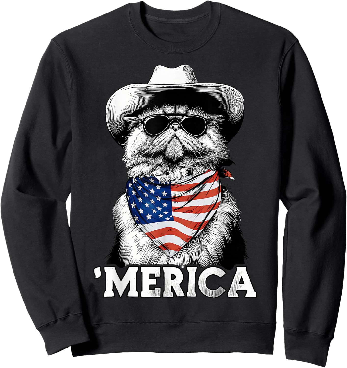 Persian Cat American Flag Bandana Cowboy Hat Sunglasses Sweatshirt - Sweatshirt | Black