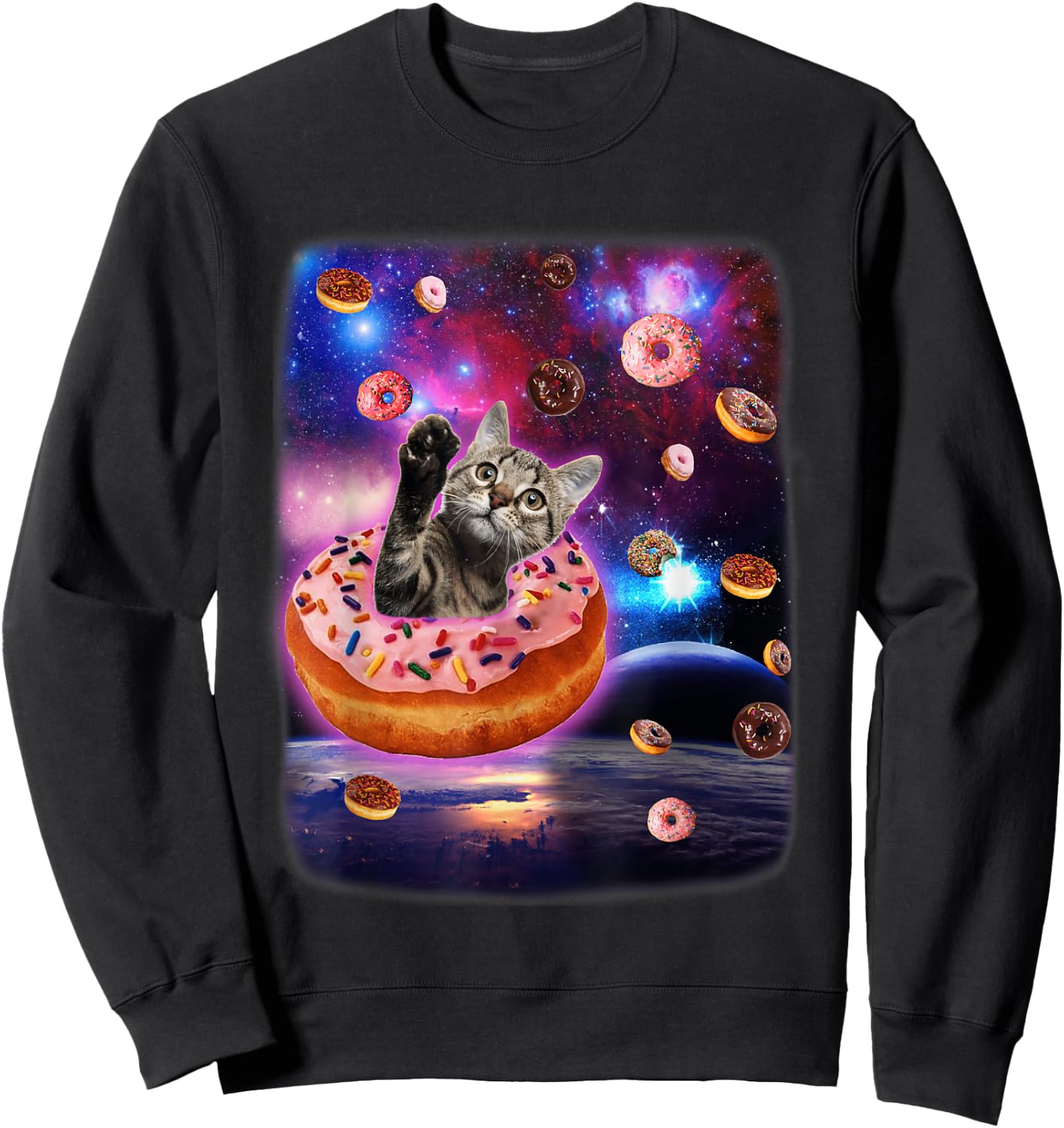 Cute Cat Inside Donut In Space Boy Girl Donut Kitty Galaxy Sweatshirt - Sweatshirt | Black
